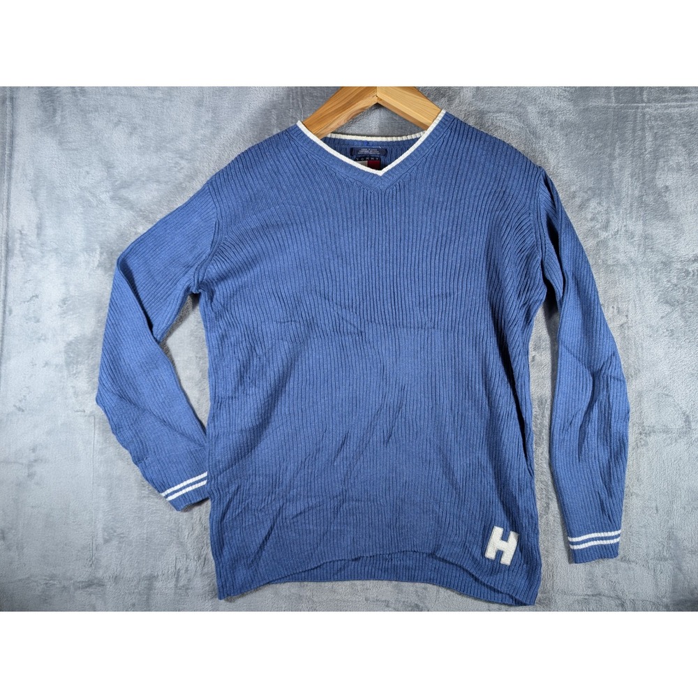 Tommy Hilfiger Men's Large Blue Ribbed V-Neck Knit Sweater‎ Varsity H Logo vtg